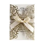 AdasBridal 50Pcs Glitter Floral Laser Cut Wedding Invitation Cards with Envelope Blank Inner Sheet and Ribbon for Wedding Engagement Bridal Shower Party Invite(7.09 X 4.92inch, Gold)