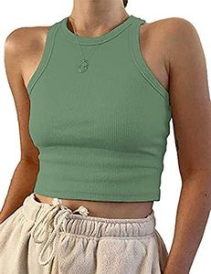 Meladyan Women's Round Neck Basic Racerback Camisole Rib-Knit Solid Sleeveless Crop Tank Tops Pea Green