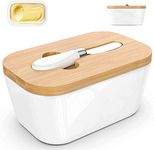 Catron Butter Dishes Ceramic , A Large Porcelain Butter Keeper with Bamboo Lid and Steel Knife Butter Dish with Wooden Top Cover (650 ML)- White