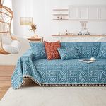 HANDONTIME Turquoise Couch Protector for Dogs Boho Tassel Blue Couch Cover Farmhouse Sofa Covers Aztec Tribal Couch Covers for 3 Cushion Couch Sofa Universal Sofa Slipcover for Home décor, 71" X118"