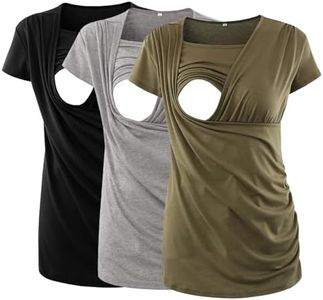 Ecavus 3PCS Women's Maternity Nursing Tops Short & Long Sleeve Side Ruched Breastfeeding Shirt (M, Black/Light Grey/Army Green)