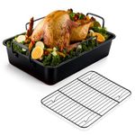 Joyfair 15.3’’ Nonstick Roasting Pan with Rack Set, Heavy Duty Large Roaster Pan for Turkey Chicken Rid Beef, Including Flat Rack/Removable V-Rack, Stainless Steel Core Coated with Nontoxic Coating