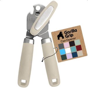 GORILLA GRIP Heavy Duty Stainless Steel Smooth Edge Manual Can Opener and Bottle Openers, Soft Comfortable Handle, Oversized Handheld Turn Knob, US Designed Multifunctional Kitchen Tool, Almond