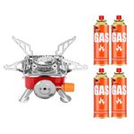 BisonBerg Ultra-Light Folding Camping Butane Gas Stove Burner with 4 Butane Cartridge, Aluminium