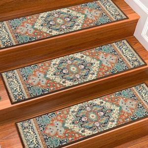 Stair Treads for Wooden Steps Indoor, 15 Pack 8" X 30" Non Slip Carpet Stair Treads with Reusable Adhesive for Kids Elders and Dogs, TPR Backing Stair Rugs Oriental Staircase Step Treads,Bohemia