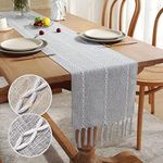 GSG Farmhouse Rustic Table Runner, Boho Linen 108in Long Table Runner with Tassels, Braided Striped Table Runner for Party Holiday Dining Room & Kitchen, Light Grey, 13 x 108 Inches