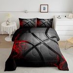 Homewish Basketball Comforter Set Queen Size Black Basketball Print Bedding Set 3pcs for Kids Boys Teens Gaming Sports Theme Duvet Insert with 2 Pillowcases Games Room Decor