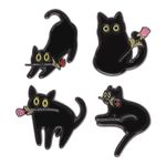 4 Pcs Black Cat Brooch Pin Bulk Black Cat Rose Lapel Pins Kitty Rrooch Pins for Women Girls Animal Lover Halloween Jewelry Gifts, Alloy Steel, no gemstone