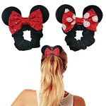 Styla Hair 2pk Mouse Ear Scrunchies for Kids Velvet Hair Bow Scrunchies for Women - Sparkle Sequins Mouse Hair Bands for Pony Tail Mouse Ears (Red Black)