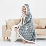 EHC Check Design Super Soft Warm Sherpa Fleece Wearable Hooded Blanket Throw -130 x 180 cm, Grey & Turquoise