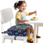 Toddler Booster Seat for Dining Table and Kitchen Chair – Adjustable Safety Straps, PU Leather, Non-Slip, Easy to Clean, Portable Travel Foam Booster Cushion for Kids & Toddlers (Blue-Rainbow)