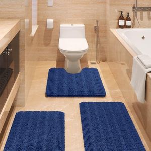 Striped Denim Blue Bathroom Rug Set 3 Pieces Ultra Soft, Non Slip Chenille Bath Carpet, Absorbent Plush Shaggy Bath Mats for Bathroom, Toilet, Bedroom, Kitchen
