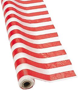 Fun Express 100 feet x 40 inch Red & White Striped Plastic Tablecloth Roll for Carnival, Patriotic, Party & Event Supplies - VBS Vacation Bible School Supplies/Decor