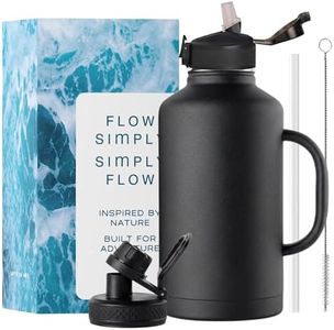 AquaFlo 2 Litre Stainless Steel Bottle with 2 Lids, 24HR Hot & Cold Insulated Water Bottle 2 Litre, 2 LTR Gym Sipper Bottles with Straw, 2L Thermo Flask Steel Sipper Water Bottles for Adults (Black)