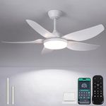 Kviflon 46 Inch Ceiling Fans with Lights and Remote/APP Control,Modern Downrods Flush Mount Ceiling Fan with 5 Reversible Blades 6 Speeds, 3 Colors Dimmable for Bedroom Kids Room, White