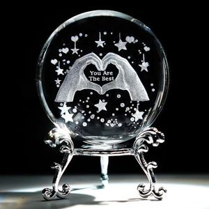 HDCRYSTALGIFTS 60mm Heart Hands Crystal Ball Paperweight 3D Laser Engraved Love Finger Gift for Women Mom, Decorative Glass Sphere for Shelf Living Room