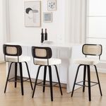 Bekrvio Swivel Bar Height Stools Set of 3, Upholstered Faux Leather Barstools with Rattan Back, 29" Seat Height Tall Bar Stools for Kitchen Counter, Black Wood Frame, Cream White