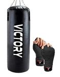 VICTORY Heavy Synthetic Leather Boxing Punching Bag Black | Hand Wrap | Stainless Steel Hanging Chain | Boxing | MMA | Kickboxing | Muay Thai | Karate | Judo | Taekwondo (4 Feet)