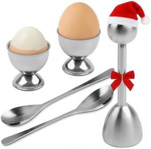 Egg Shell Opener Set – 2 Pcs Egg Cups for Soft Boiled Eggs & 2 Pcs Spoons, Rust-Resistant Stainless Steel, Fits Most Eggs Sizes - Ergonomic Design, Adjustable Effort for Effortless & Precise Cracking