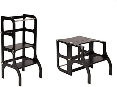 Ette Tete STEP'n'SIT® • Montessori Helper Tower - Table • Convertible 2-in-1 (black colour, with silver clasps)