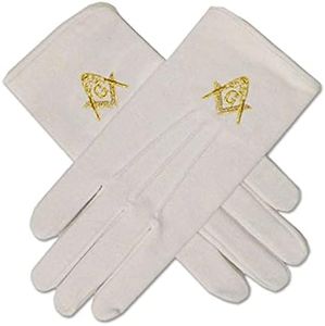 Gold Square & Compass Masonic Hand Embroidered Cotton White Gloves