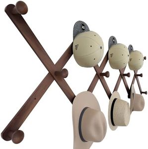 SKOLOO Large Hat Rack for Wall, Wooden Accordion Wall Hanger, Modern, Expandable Coat Hooks, Hat Display Rack for Home, Office, and Studio, 14 Peg, Walnut