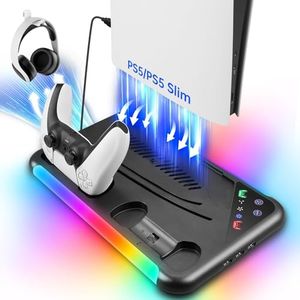 TECTINTER for PS5 Slim/PS5 Stand and Cooling Station,3-Level and 8 RGB LED with Charger for PS 5&Edge Controller,PlayStation5 Cooling Station Design for PlayStation5 /Slim Disc&Digital