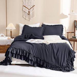 Masaca Shabby Comforter Set Queen,Farmhouse Rustic Microfiber Bedding Ruffled Comforter Set,Vintage Dark Gray Ruffle Comforter for Queen Bed Fluffy Aesthetic Grey Bedding 3 Pieces