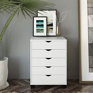 DWVO 5 Drawer Storage Cart, Wood Storage Tower, 5 Drawers Organizer Units Roll Carts for Living Room, Hallway, White