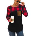 Mingnos Women's Cotton Blend Loose Long Sleeve Plaid Pullover T-Shirt Tops (Red Plaid+Black, L)