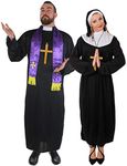 COUPLES COSTUMES PRIEST & NUN FANCY DRESS - MENS BLACK PRIEST ROBE & PURPLE SCARF + LADIES NUNS BLACK TUNIC WITH WHITE COLLAR & BLACK COWL + BELT + GOLD CROSS BY ILOVEFANCYDRESS® (LADIES MEDIUM + MENS LARGE)