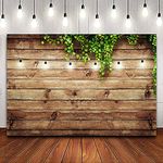 CSFOTO 7x5ft Rustic Backdrops for Photography Woodland Backdrop for Baby Shower Wood Plank Backdrop for Party Green Leaves Backdrop Rustic Wedding Backdrop Barn Background Woodland Picture Backdrop