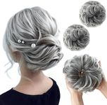 SARLA 2PCS Messy Hair Bun Hair Pieces Wavy Curly Synthetic Updo Fake Scrunchies Ponytail Extension for Women Salt and Pepper