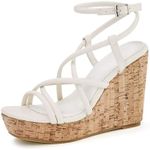 Coutgo Womens Open Toe Wedge Sandals Ankle Strap Espadrilles Slip On Cork Slingback Heels Shoes,White,size10