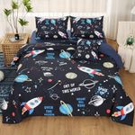 JQinHome Queen Space Comforter Set for Kids,6 Piece Bed in A Bag Galaxy Space Rocket Planets Bedding Set for Teens Boys Girls(1 Comforter,2 Pillowcases,1 Flat Sheet,1 Fitted Sheet,1 Cushion Cover)