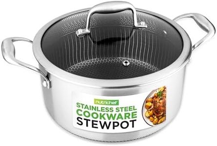 NutriChef 5 QT Stainless Steel Stew Pot - Triply Kitchenware Stew Pot with Glass Lid - Dakin Etching Non-Stick Coating, Scratch-Resistant Raised-up Honeycomb Fire Textured Pattern - NC3PCAS