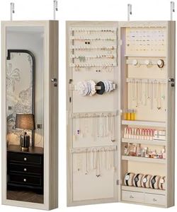 DUMOS Jewelry Armoire Cabinet with Full Length Mirror, 47.2" Tall Wall Mounted or Over the Door Jewelry Organizer with 33 Necklace Hooks, Lockable Large Capacity with Drawers, Khaki