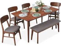 Best Choice Products 6-Piece Wooden Dining Set, Mid-Century Modern Table & Upholstered Chair Set w/Bench Seat, Rubberwood Legs - Walnut/Gray