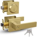 Mega Handles - ROBELL Entry Combo I Entry Lever Door Handle and Single Cylinder Deadbolt Lock and Key Combo Pack - Heavy Duty Square Locking Lever Set for Left or Right-Handed Doors - Satin Brass