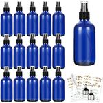 CycleMore 120ml 16 Pack 4oz Blue Glass Spray Bottles with Fine Mist Sprayers, Glass Travel Bottles for Cosmetic, Essential Oils, Perfumes & More Liquids (1 Brush, 2 Funnels and 24 Labels Included)