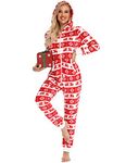 Orshoy Women’s Cosy Fleece Hooded Non-Footed Onesie Xmas Onepieces All in One Jumpsuit Pyjamas with Side Pockets Reindeer Red XL