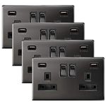 4 x Black Nickel USB Double Wall Plug Socket 2 Gang 13A with 2 USB Charger Port Outlets Socket Plate N776GME