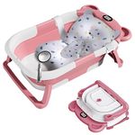 Grismire Baby Pink Bathtub Foldable，Baby Bath Essentials Baby Bathtub Newborn to Toddler Portable Travel Multifunctional Baby Bath Tub with Non-Slip Mat, Drain Hole, with Thermometer