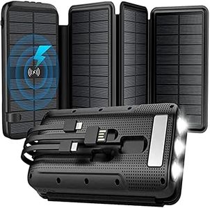 Solar-Charger-Power-Bank - Portable Charger,43800mAh Qc3.0 Fast Charging Qi 10W Wireless Charger 4 Solar Panel Built-in 2 Kinds Output Cable and 680Lumen Bright flashlights