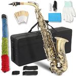 Saxophone E Flat Alto Brass Sax Full Kit for Music Beginners with Carving, Mouthpiece, Carrying Case, Gloves, Cleaning Cloth Bar, Detachable Strap, Shoulder Strap, Reed, Lacquered (Classic Bronze)