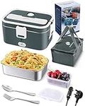 Andmenow 70W Faster Heating Electric Lunch Box, Food Warmer Container, Portable Food Reheater, 1.8L Capacity for Car and Home/Office, with Carry Bag and Fork & Spoon (Gray+White)