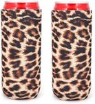 2pcs Neoprene Slim Beer Can Cooler Tall Stubby Holder Foldable Stubby Holders Beer Cooler Bags Fits 12oz Slim Energy Drink & Beer (Leopard)