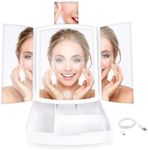 Singwow Makeup Mirror with LED lights, 1X/5X Tri-fold Magnifying Vanity Mirror with Storage, Touch Screen Brightness Adjustable Cosmetic Mirror with 180° Rotation (3 fold with storage)