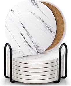 CULOTOL Set of 8 Coasters for Drinks,Absorbent Marble Style Ceramic Drink Coaster with Holder for Coffee Wooden Table White Home Decor,Coasters for Dining Table