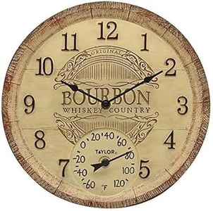 Taylor Bourbon Barrel Poly Resin Indoor and Outdoor Clock and Thermometer, Home Decor for Garden, Patio, Pool, and Indoor Areas, 14-inch, Multi-Color